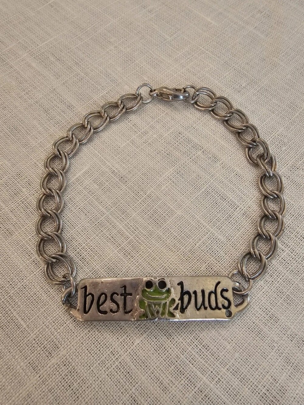 Vintage "Best Buds" Friendship ID Bracelet- Green Enamel Frog Silver Tone Chain